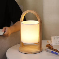 Wood Lantern Table Lamp — Cordless Linen Shade Rechargeable LED