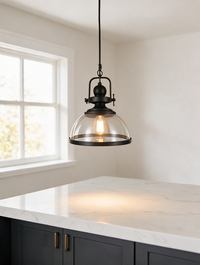 Noctelle | Clear Glass Bowl Pendant Light with Black Iron Frame