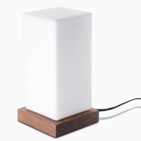 Wooden Cube Table Lamp — Rechargeable LED with Frosted Glass Shade