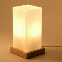 Wooden Cube Table Lamp — Rechargeable LED with Frosted Glass Shade