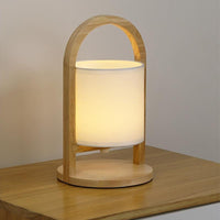 Wood Lantern Table Lamp — Cordless Linen Shade Rechargeable LED