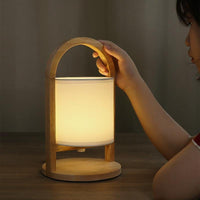 Wood Lantern Table Lamp — Cordless Linen Shade Rechargeable LED