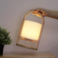 Wood Lantern Table Lamp — Cordless Linen Shade Rechargeable LED