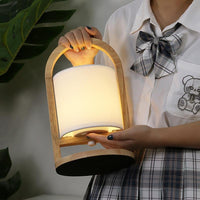 Wood Lantern Table Lamp — Cordless Linen Shade Rechargeable LED