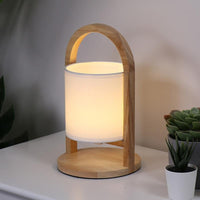 Wood Lantern Table Lamp — Cordless Linen Shade Rechargeable LED