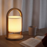 Wood Lantern Table Lamp — Cordless Linen Shade Rechargeable LED
