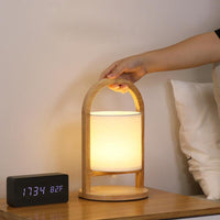 Wood Lantern Table Lamp — Cordless Linen Shade Rechargeable LED