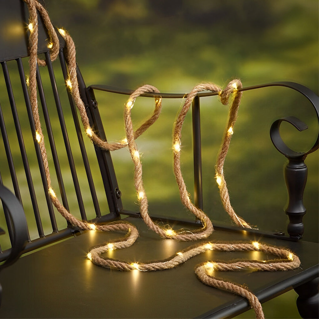 Hemp Rope Patio String Lights — Solar LED, 5m or 10m