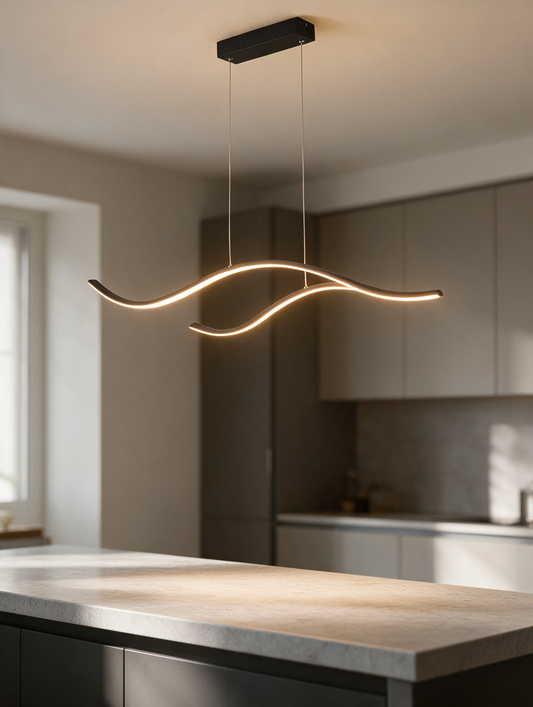 LuminaraWave Curved LED Kitchen Pendant Light above a kitchen island