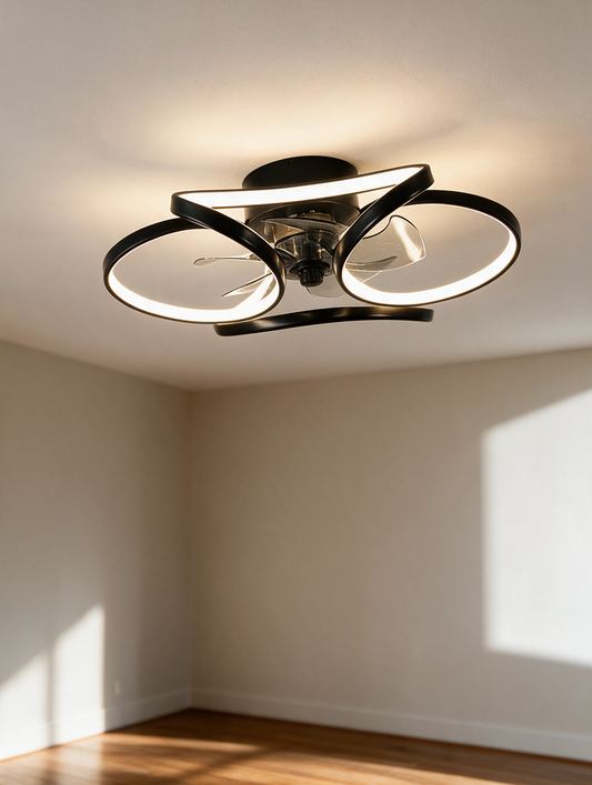 FloraBreeze Black Flush Mount Ceiling Fan with LED in a modern room