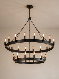 Rustic Charm Black Chandelier above a dining table in a cozy dining room
