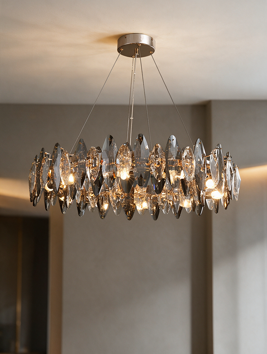 Lunaris Smoke Gray Crystal Chandelier in an elegant dining room