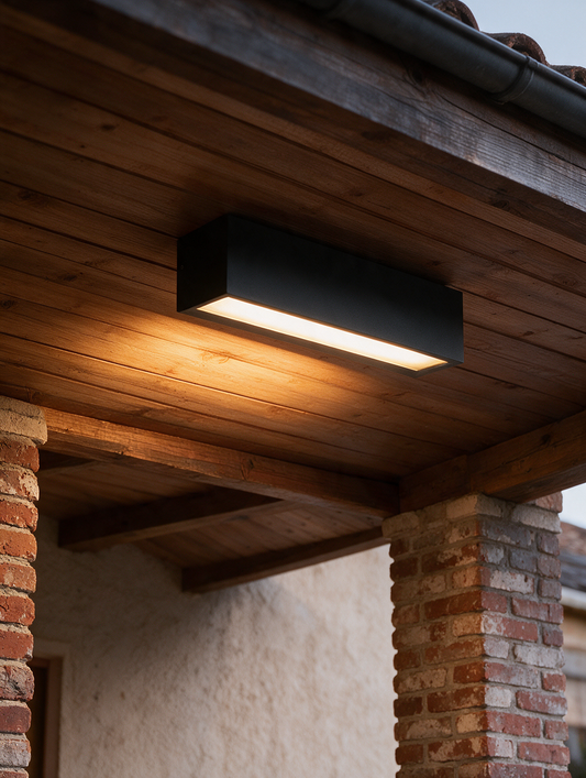 Luminara IP65 Outdoor Ceiling Light on a covered patio in the evening