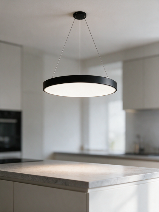 Modern Round Pendant Light above a kitchen island