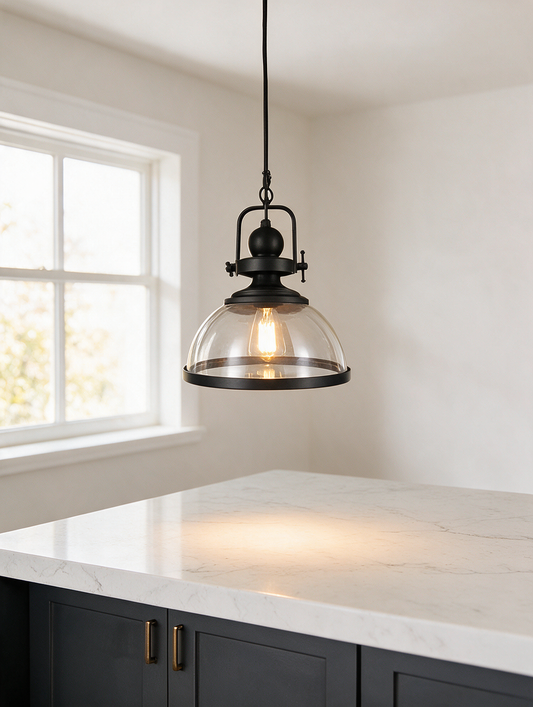 Luminara Black Glass Pendant Light above a kitchen island