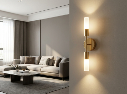 Luminara Dual-Head Up & Down Wall Sconce, Gold — lifestyle