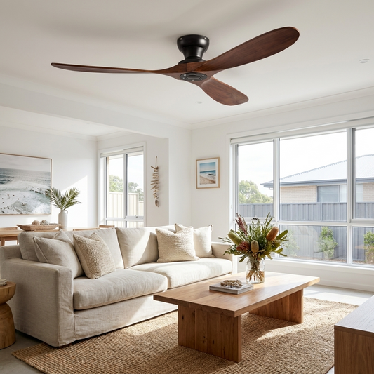 AeroWood | Sleek Modern Low Profile Flush Mount Ceiling Fan with Remote — Lifestyle