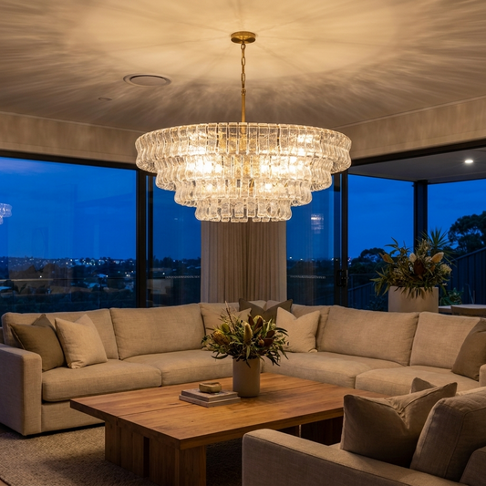 Luminara | Modern Elegant Glass Steel 6-Bulb Chandelier Light — In use