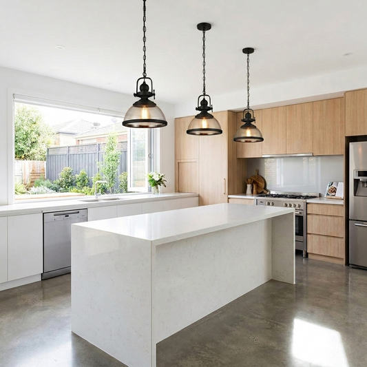 Luminara | Elegant Retro Industrial Clear Glass Pendant Light — three pendants over kitchen island
