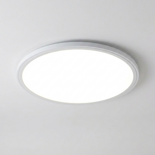 Luminara | Sleek Ultra-Thin Round LED Ceiling Light Fixture — White trim, from below
