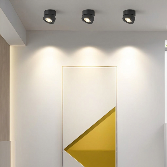 Luminara | Sleek Modern Adjustable Surface Mounted Spotlight — Black, lighting a hallway
