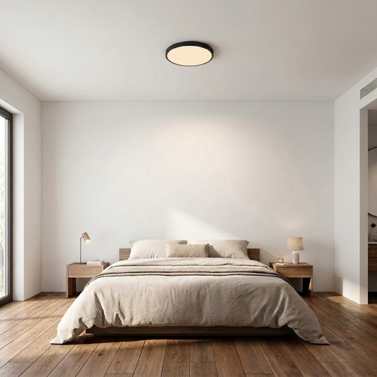 Luminara | Sleek Ultra-Thin Round LED Ceiling Light Fixture — Black trim, in a bedroom