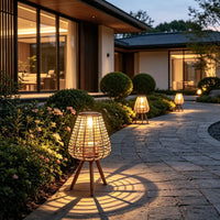 Rattan Solar Floor Lamp — Bamboo Patio Light, Solar or USB