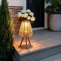 Rattan Solar Floor Lamp — Bamboo Patio Light, Solar or USB