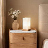 Wooden Cube Table Lamp — Rechargeable LED with Frosted Glass Shade