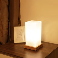 Wooden Cube Table Lamp — Rechargeable LED with Frosted Glass Shade
