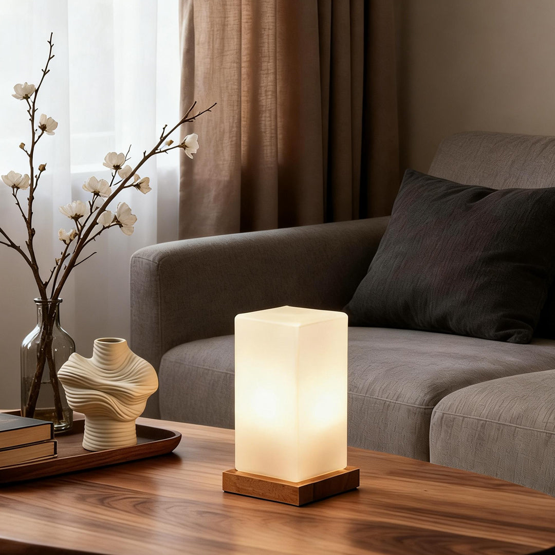 Wooden Cube Table Lamp — Rechargeable LED with Frosted Glass Shade