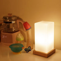 Wooden Cube Table Lamp — Rechargeable LED with Frosted Glass Shade