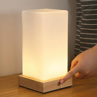 Wooden Cube Table Lamp — Rechargeable LED with Frosted Glass Shade